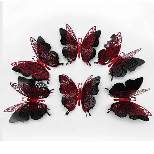3D Red Butterfly Wall Stickers 6pcs Removable Valentine's Red Rose Butterfly Stickers Wall Decal Butterfly Wall Decals for Home and Room Decoration Wedding Bedroom Decor Living Room Sticker