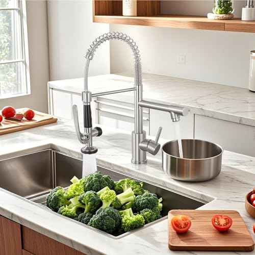 Commercial Kitchen Faucet with Pull Down Sprayer, Stainless Steel Kitchen Sink Faucet with Deck Plate, Single Handle Spring Kitchen Faucets (Brush Nickel)