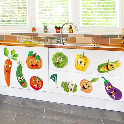 Cartoon Kitchen Vegetable Wall Stickers DIY Green Vegetables Onion Pumpkin Fruit Wall Decals Art Refrigerator Door Stickers for Kitchen Window Restaurant Fridge Dining Room Decor