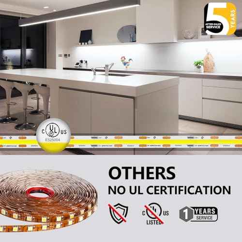 EMITEVER COB LED Strip Lights Cool White, 5000K Tape Light 25ft Premium High Density, DC 24V, 300+Lumens/ft, 3600LEDs/Spool, Ra 90+, 3W/ft, UL Listed 5 Year Warranty (Power Supply Sold Separately)