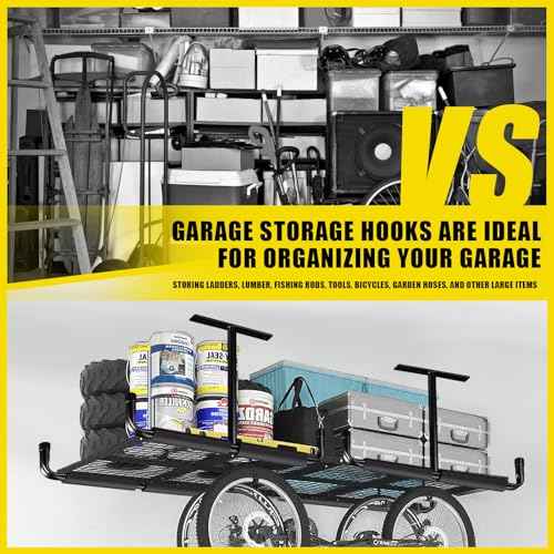 4 Pack Overhead Garage Storage Rack,17" Overhead Garage Storage Hooks,Heavy Duty Ceiling Mount Hangers with 40 Lbs Capacity Per Side, Ideal for Hanging Bikes, Pipes, and Lumber