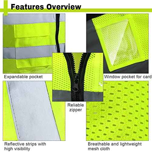 JaGely 6 Pack Reflective Safety Vests with Pockets, High Visibility Mesh Construction Vest for Men Women, Neon Yellow, Size L