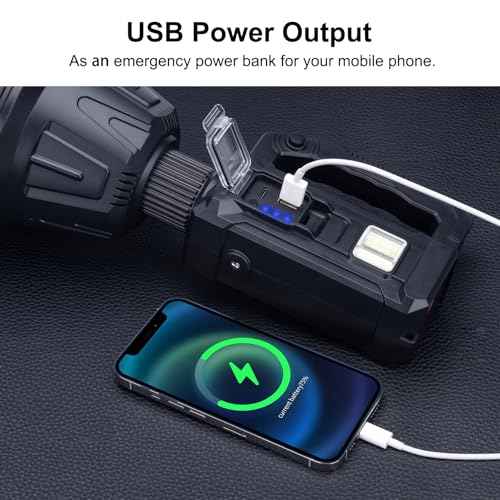 Rechargeable Handheld Spotlight, 3,000,000L Super Bright LED Solar & Battery Powered Spot Light with 6 Modes, 3 Color Lenses, COB Side Light, USB C, Waterproof for Outdoor Emergency Hunting