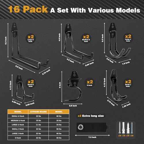 Steel Garage Storage Hooks, 16-Pack, Heavy Duty Wall Mount Hooks for Bike, Ladder, Garden Tools, Anti-Slip Coating