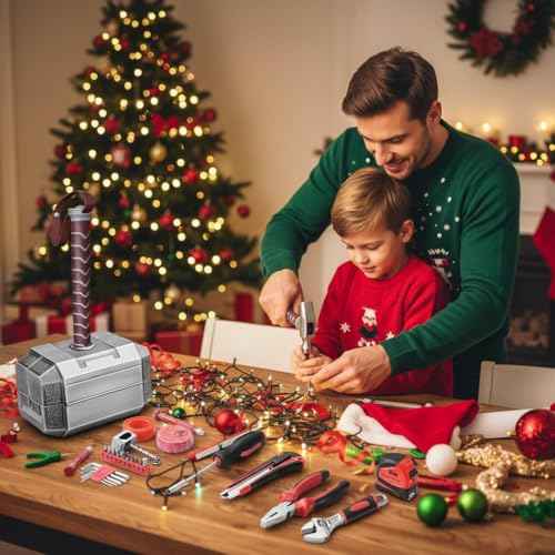 Thor Hammer Tool Box, 28pcs Multifunctional Home Repair Tool Set Excellent Hand Tool Novelty Christmas Gift for Men Prop Hammer (Silver)