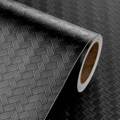 Livelynine Textured Rattan Wallpaper Black Peel and Stick Wall Paper for Bathroom Kitchen Cabinet Covering Waterproof Black Contact Paper for Cabinets 15.8x78.8 Modern Matte Basket Weave Pattern