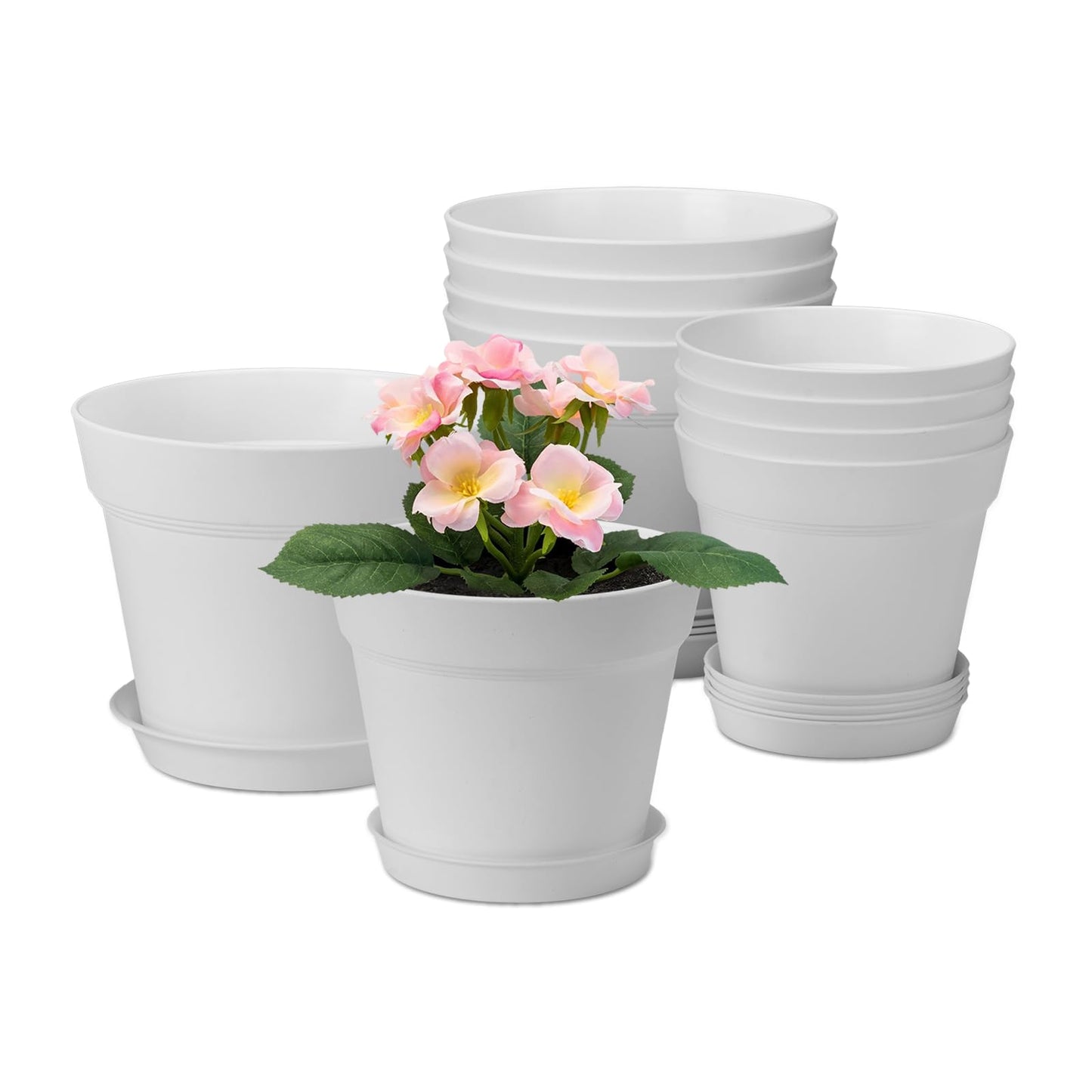 homenote Plant Pots,6/7.5 Inch Flower Pots for Plants Plastic Planters for Indoor with Multiple Drainage Holes and Trays, for All Home Garden Flowers Succulents,Outdoor(White,10 Pack)