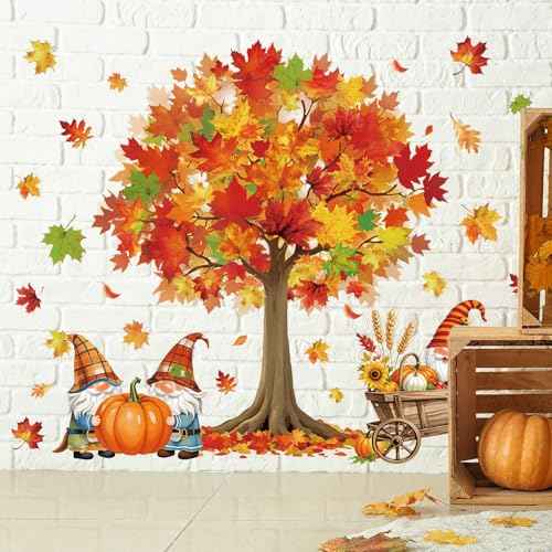 Fall Wall Stickers Maple Tree Leaves Gnome Wall Stickers Peel and Stick Large Room Mural Decals for Autumn Harvest Thanksgiving Party Home Nursery Bedroom Decor