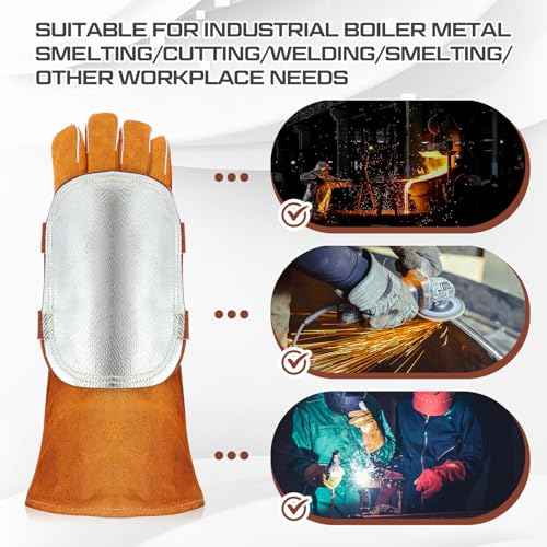2 Pcs Hand Heat Shield, Welding Hand Pad, Aluminized Back Guard Flux Reflective Layered Split Cowhide Leather Gloves Supplies for Industrial Boiler Cutting, Metal Smelting, Welding