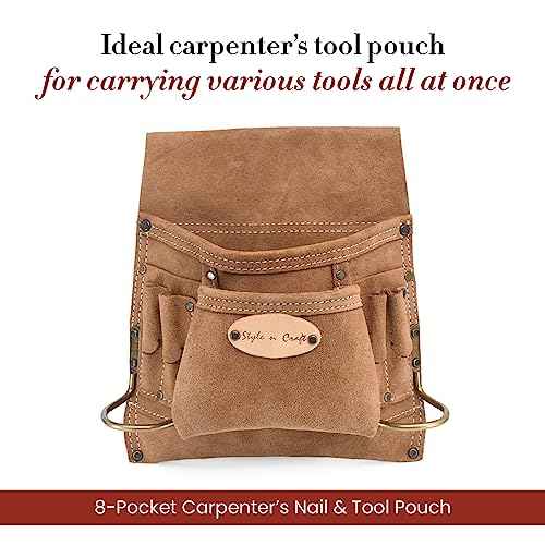 Style n Craft 8-Pocket Carpenter¡¯s Nail and Tool Pouch, Heavy-Duty Suede Leather Tool Pouch, Dark Tan (88823)