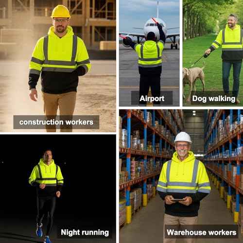 HYCOPROT High Visibility Sweatshirt ANSI Class 3 Reflective Safety Hoodie Hi Vis Hooded Pullover with Black Bottom¡¦