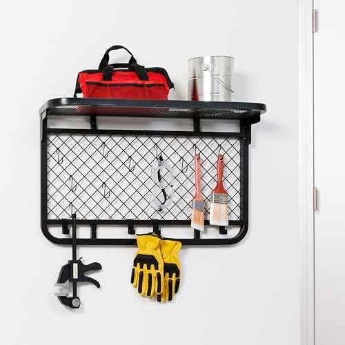 Honey-Can-Do Reversible Garage Wall Grid Shelf With Hooks, Black SHF-09837 Black