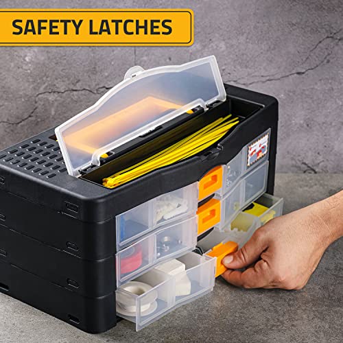 CANOPUS Craft Organizer with Drawers, 15-in Modular Drawer Case, Storage Organizer with Transparent Drawers, Portable Plastic Tool Box for Small Tools, Crafts, Screws, Bolts, Hardware and Small Parts