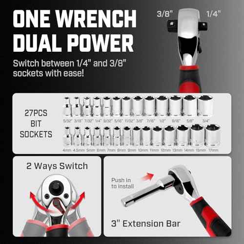 53-Piece Socket Ratchet Wrench Set, with 20-In-1 Ratcheting Screwdriver & 2-in-1 Adjustable Wrench for Garage, Auto Repair, Household Backyard & College Dorm