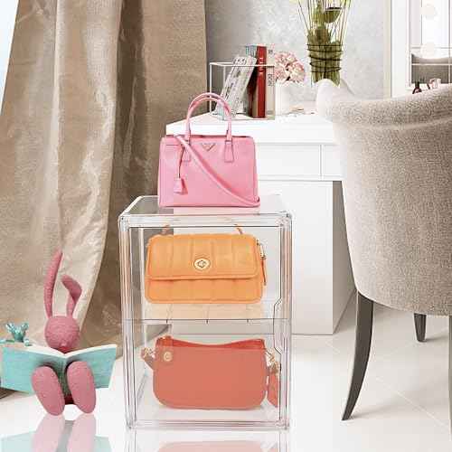 2 Pack XX-Large Clear Stackable Storage Bins with Magnetic Lid Handbag Display Case for Closet 2-Tier Acrylic Purse Organizer Dustproof Luxury Bag Container Box for Cosmetics Figures Makeup