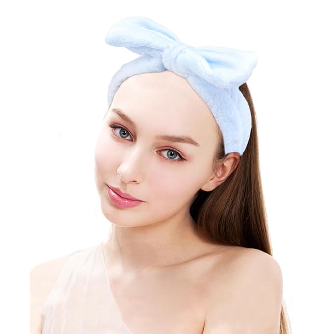 AOPRIE SPA Headbands for Washing Face Makeup Headbands with Bow Hair Band Women Facial Head Band Wrist Towel Wraps Venus Shower Face Mask Blue, 6 Pack