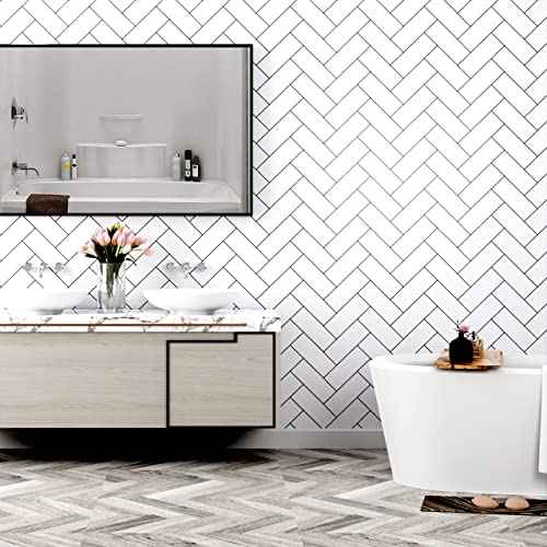 Herringbone Wallpaper Black and White Geometric Wallpaper Peel and Stick Modern Herringbone Brick Wallpaper for Bathroom Shower Walls Kitchen Backsplash Removable Waterproof Vinyl 17.7"x80"
