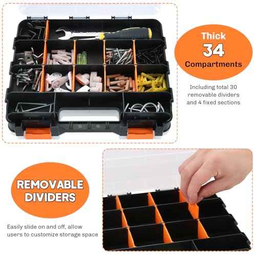 Small Parts Organizer | Storage Case Tools Box Organizer 34-Compartments Double Side Organizer Box with Removable Dividers for Small Hardware, Screws, Bolts, Nuts, Nails, Beads, Jewelry (2)