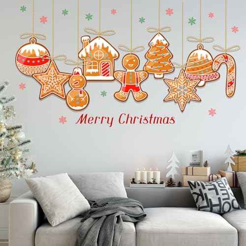 Christmas Gingerbread Wall Decals Removable Vinyl Xmas Wall Stickers Christmas Candy Snowflake Peel and Stick Wallpaper for Winter Holiday Living Room Bedroom Home Office Decor