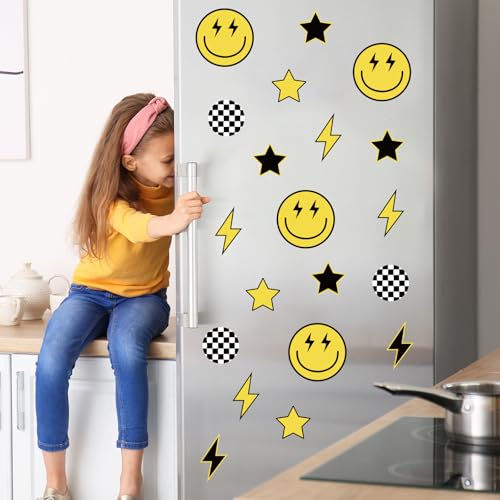 Whaline 12 Sheets One Happy Dude Wall Stickers Black Yellow Smile Face Lightning Star Checkered Dot Wall Decals Preppy Room Mural Stickers for Party Home, 7.9 x 11.8 Inch