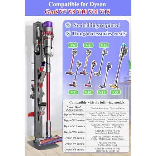 Haturi Premium Vacuum Stand for Dyson Gen5 V15 V12 V11 V10 V8 V7 V6, Metal Attachment Holder with 4 Hooks & 4 Shelves, Hidden Cord Design, Space-Saving Storage Organizer for Dyson Cordless Vacuums