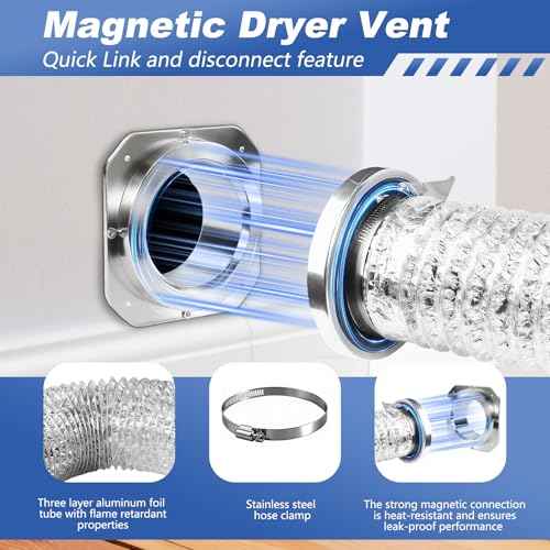Magnetic Dryer Vent connector, Easy to clean and install dryer vent, Magnetic Dryer Vent Coupling Kit including a 3.3 FT 4" Duct and one Clamps