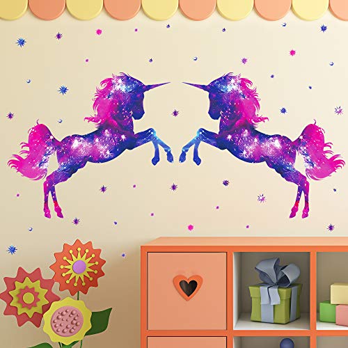 RW-D80 Dream Galaxy Purple Unicorn Wall Decals Removable Unicorn Wall Stickers with Glowing Stars Peel and Sticks Wall Art Decor for Kids Boys Girls Bedroom Nursery Bedroom Party Home Decoration