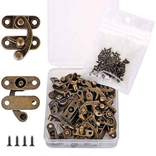40 Pieces Jewelry Box Replacement Lock - Antique Box Latch Thickened Solid Bronze Tone Hook Clasp, Right Latch Hook Hasp Horn Lock, Wooden Cabinet Latch with 160 Replacement Screws (Bronze)