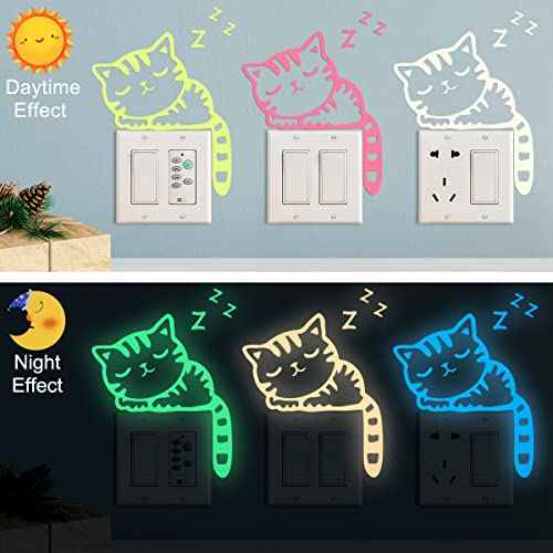 6 Sheets Removable Switch Stickers Luminous Light Switch Decals Glow in The Dark Adorbale Cat Pet Animal Wall Stickers Cartoon Cat Dog PVC Wall Stickers for DIY Home Decor Switch Decoration