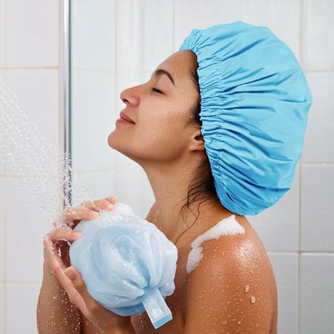 Reusable Shower Cap for Women, Large Waterproof Shower Bonnet with Elastic Band, Washable Bath Hair Cap for Long, Curly Hair, Braids, Daily Shower, Home Spa, Travel(Lake Blue)