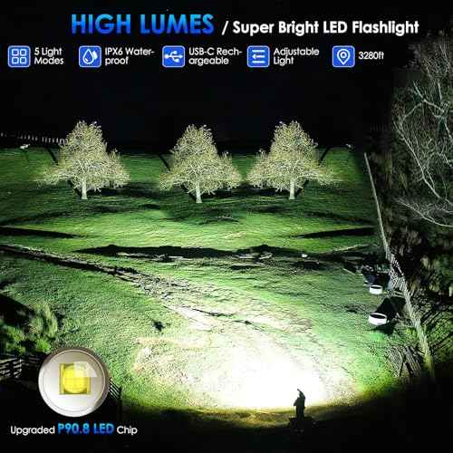 Flashlights High Lumens Rechargeable, 90,000 Lumen Super Bright Tactical Flashlight, High Powered Flash Light with 5 Modes, IPX7 Waterproof Flashlights for Home, Camping, Emergencies