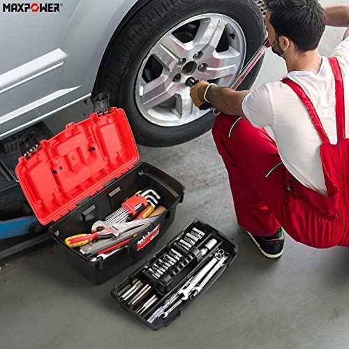 MAXPOWER Tool Box 15-Inch, Plastic Tool Boxes with Removable Tray & Dual Lock Secured For Home