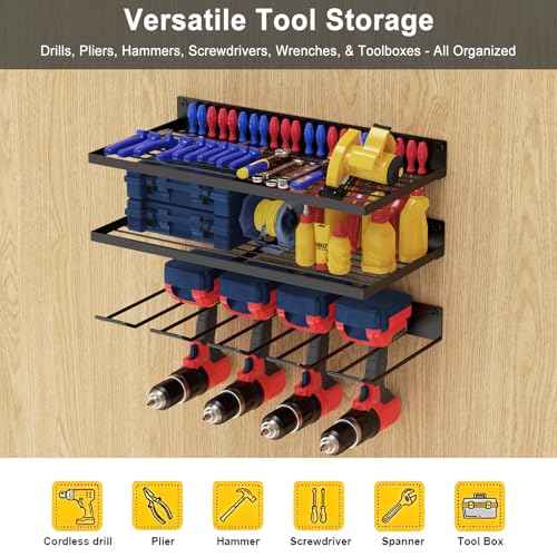 3 Pack Power Tool Organizer Wall Mount, Garage Wall Organizer, Heavy Duty Iron Garage Storage Rack with 4 Drill Holders, Hooks, Screwdriver & Tool Battery Holder for Shed, Basement