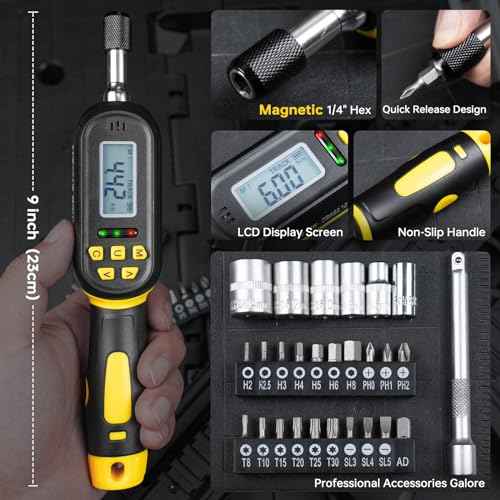 32PCS Digital Torque Screwdriver, 2.66-53.1 in-lbs/0.3-6 Nm, Inch Pound Torque Screwdriver Electrician with Buzzer & LED Indicator, Adjustable Screwdriver Torque Wrench Set with Bits & Sockets