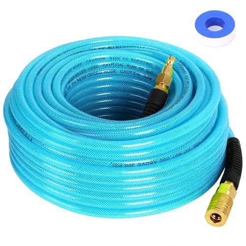 Air Compressor Hose 1/4 Inch x 100 Feet Reinforced Polyurethane (PU) Air Hose with Fittings, Bend Restrictors, 1/4" Industrial Quick Coupler and Plug Kit, Blue