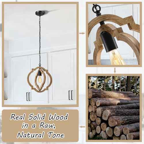 2-Pack Farmhouse Pendant Light Fixtures, Wood Grain Hanging Lights for Kitchen Island, Adjustable Height, E26 Base, Sloped Ceiling Compatible, Rustic Ceiling Light