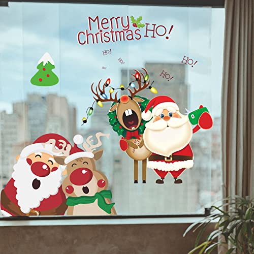 Santa Claus Wall Decals Merry Christmas Stickers Decorations, Lovely Santa Claus Reindeer Decor Posters Removable Vinyl Art Murals Xmas Party Supplies