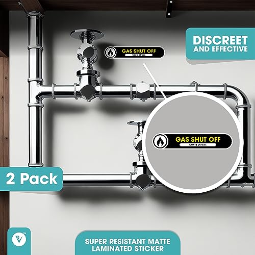 Bilingual Gas Shut Off Small 2 Stickers Pack | Emergency Gas Shut Off Small English and Spanish Signs | 5in x 1in Permanent Matte Vinyl | Waterproof Stickers