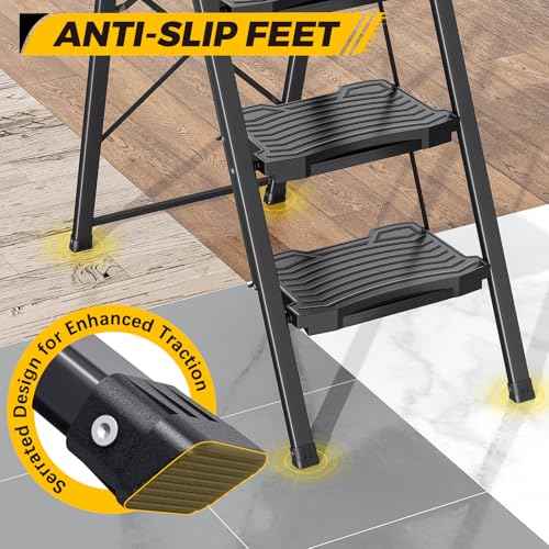 KINGRACK 4 Step Ladder 800lb Capacity, Folding Step Stool with Wide Anti-Slip Pedal & Safety Handrails, Lightweight Steel Ladder for Kitchen, Pantry, Office, Black