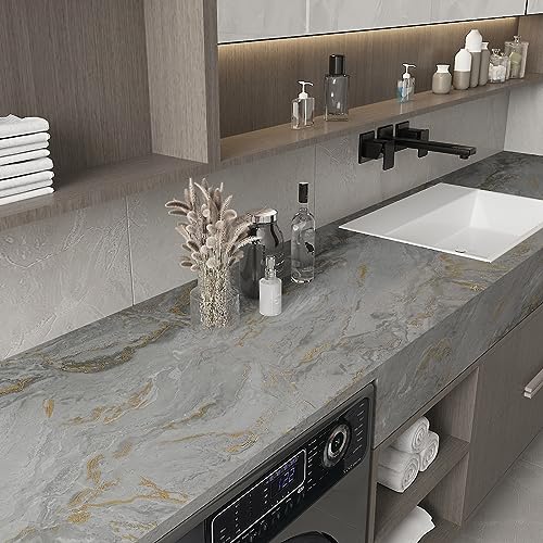CHIHUT 12¡±x100¡± Gold Grey Matte Marble Contact Paper for Countertops Waterproof Peel and Stick Countertops Marble Wallpaper for Bathroom Self Adhesive Contact Paper for Kitchen Backsplash Cabinets