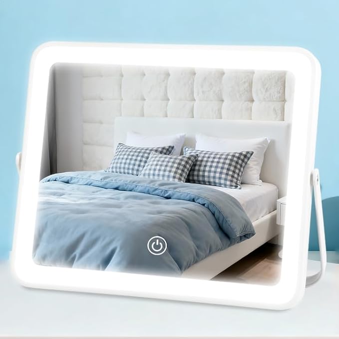 YEKKOPT Portable Desk Vanity Mirror with Lights,10"ÃÂ12" Small Rechargeable Makeup Mirror with Lights,Smart Touch Screen with 3-Color Lighting,Dimmable,for Dorm Tabletop,Bedroom,Decor