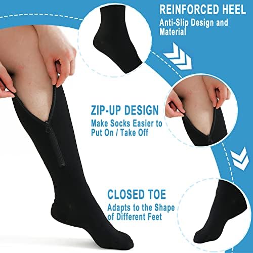 2 Pairs Medical Zipper Compression Socks 15-20mmHg for Women&Men, Knee High Compression Stockings