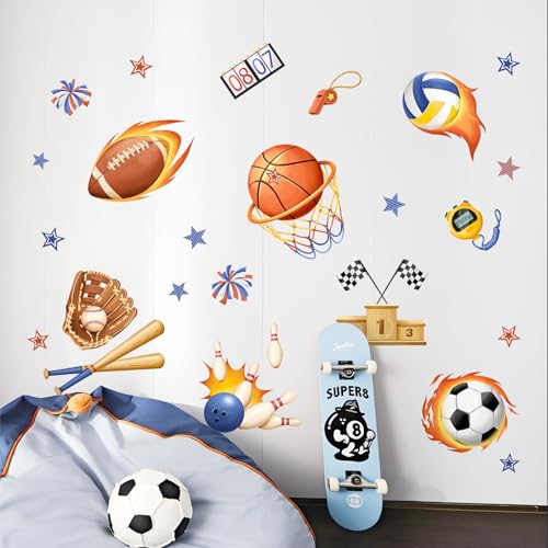 3D Sports Wall Decals, Basketball Soccer Football Wall Stickers Ball Games Peel and Stick Decal Self Adhesive Sticker for Boys Nursery Kids Room Home Decor