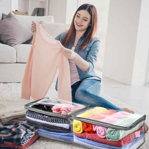 Windyun 16 Pack Clear Storage Bags with Zipper and Handle for Clothes Heavy Duty Plastic Blanket Clothes Moving Bags Cloth Bins for Blanket Comforter Clothing Toys (Grey Edge)