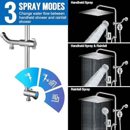 AMORIX Shower Head 12" Rain Shower Heads with Handheld Spray Adjustable Extension Arm with Low Diverter, Filtered Rainfall Shower Head High Pressure 10 Setting Hand Held Built-in Power Wash + 79" Hose