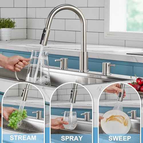 Tohlar Kitchen Faucets, Brushed Nickel Kitchen Faucet Pull Down Sprayer Stainless Steel Sink Faucets with Soap Dispenser Commercial Modern Rv Faucets, Llaves para fregaderos de cocina
