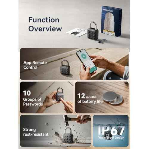 NexusLab 6-Digit Smart Padlock with TUYA App - IP67 Waterproof, Military Zinc Alloy, 10 Passwords, Dual Alerts for Gym/School/Travel Lockers (Black) (with Tuya APP Contrl)
