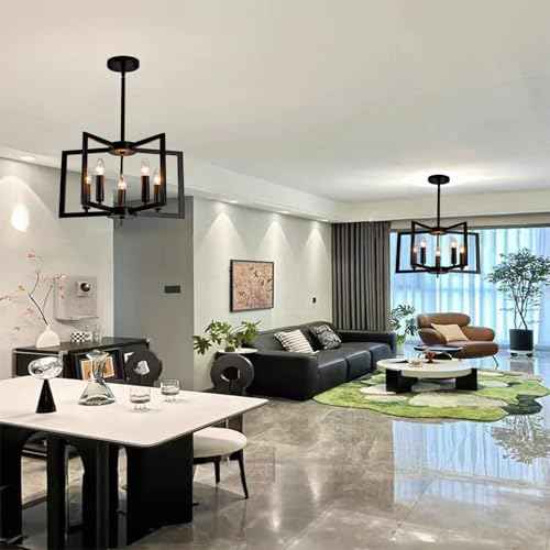 Black Chandelier,5-Light Dining Room Light Fixture Modern Farmhouse Geometric Metal Hanging Industrial Chandeliers for Entryway Kitchen Island Foyer Lighting Fixtures
