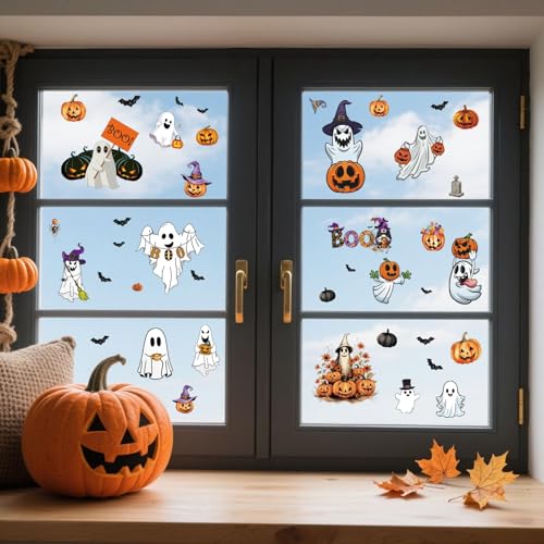 Halloween Wall Stickers and Window Clings 6 Sheets - Removable Peel and Stick Spooky, Bat, Pumpkin Decals for Home Office Classroom Halloween Decorations