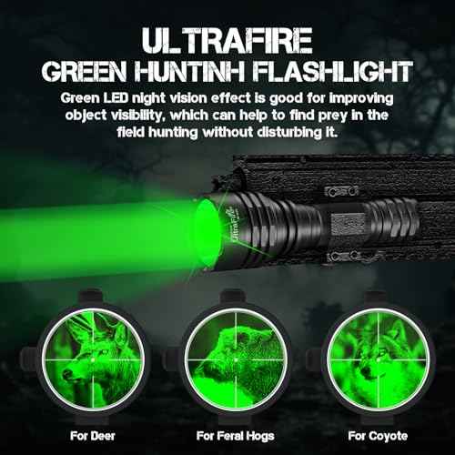 ULTRAFIRE 10W Green Hunting Flashlight, 273-Yard Super Bright LED Tactical Light for Night Hunting Essentials, Hogs, Coyotes, and Varmints - Single Mode Green Light Flashlight WF-509G